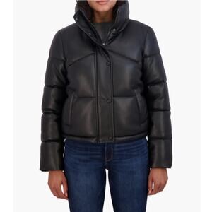 New SEBBY Nordstrom Women's Black Short Faux Leather Puffer Jacket Size XS